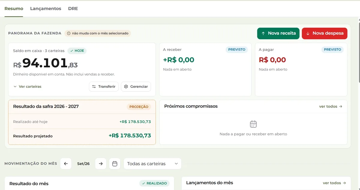 Resumo financeiro do BOVin, com saldo em caixa por carteira, contas a pagar e a receber e o resultado projetado da safra