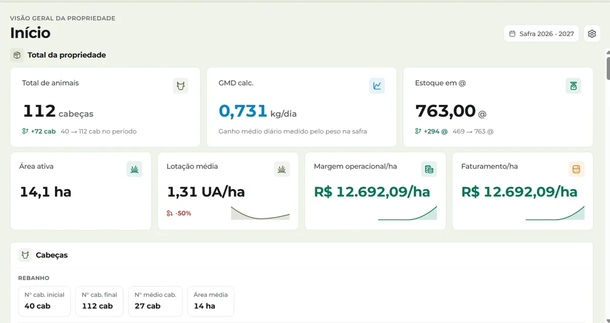 Painel do BOVin com o total de cabeças, o ganho médio diário calculado, o estoque em arrobas e a margem por hectare da safra